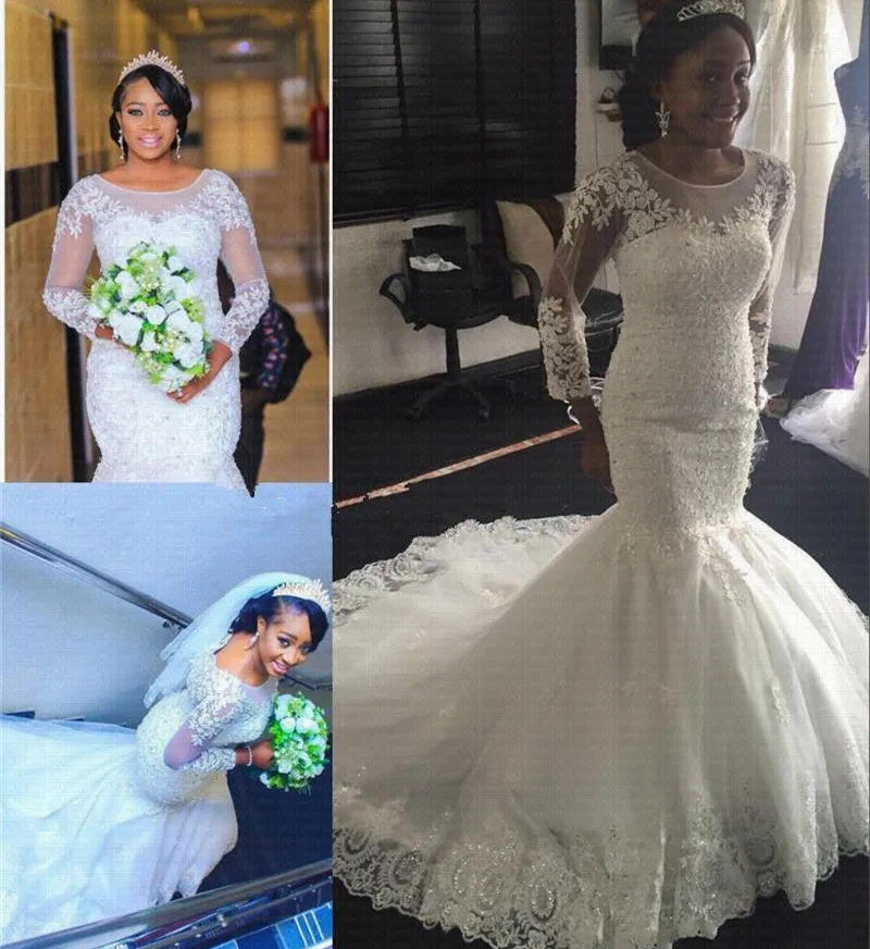 

Scoop Neck Long Sleeves African Mermaid Wedding Dresses Charming Appliques Wedding Gowns Vestidos De Novia Beaded Bridal Dresses