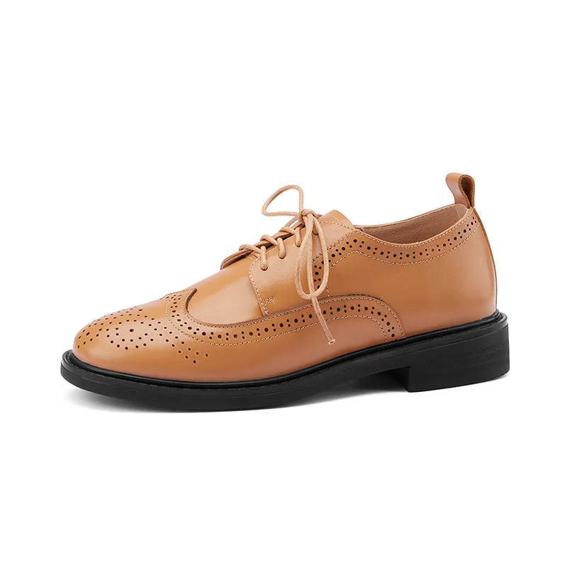 

British Style Small Leather Shoes Female New Style Cowhide Thick-heeled Shoes Spring Autumn Lace-up Carved Brogue Shoes