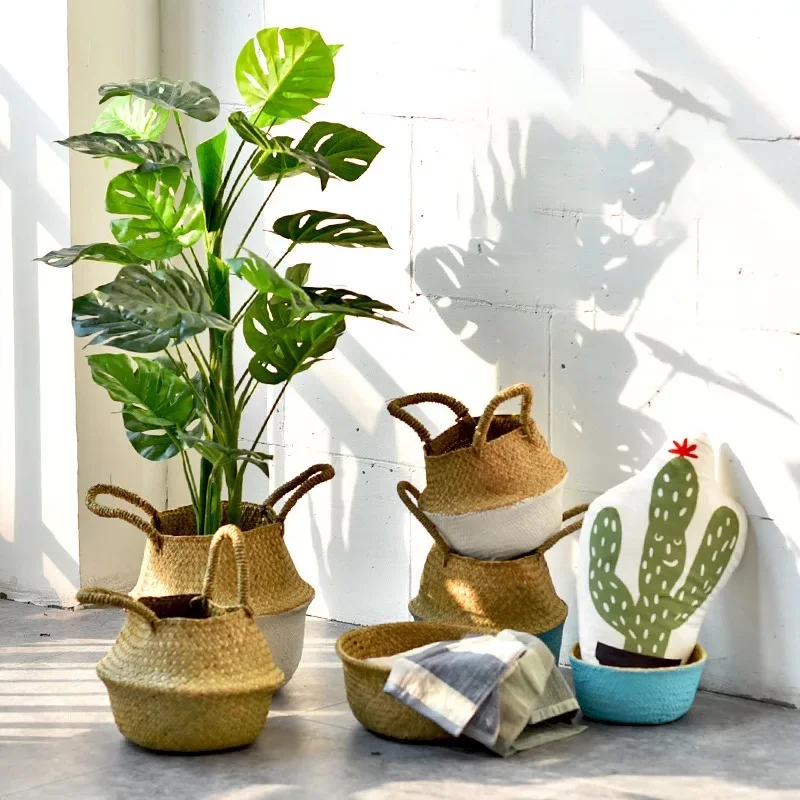 

WHISM Hand-Woven Storage Basket Natural Sea Grass Plant Flower Pots Toys Organizer Holder Laundry Basket Home Decor Dropshipping