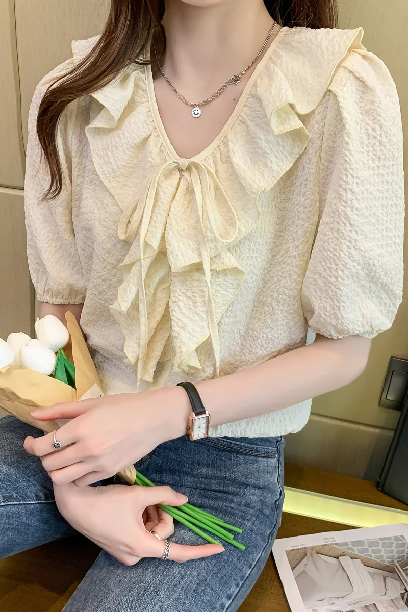 

COIGARSAM Office Lady Short Sleeve blouse women New Solid blusas womens tops and blouses Apricot 6039