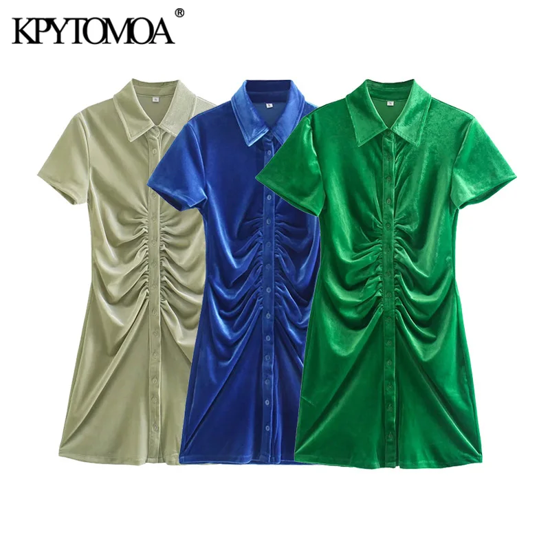 

KPYTOMOA Women 2021 Chic Fashion Velvet Pleated Mini Shirt Dress Vintage Short Sleeve Button-up Female Dresses Vestidos Mujer