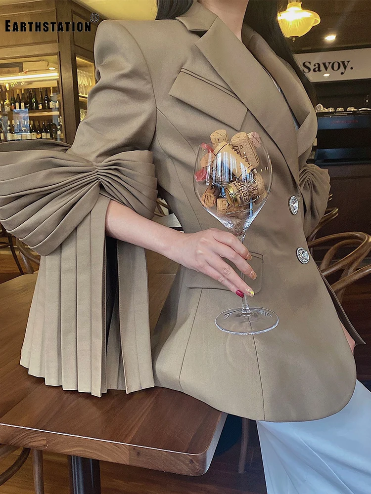 

Retro Solid Color Lapel Rhinestone Button Pocket Long Sleeve Stitching Frills Bowknot Loose Blazer Ladies Spring New Fashion