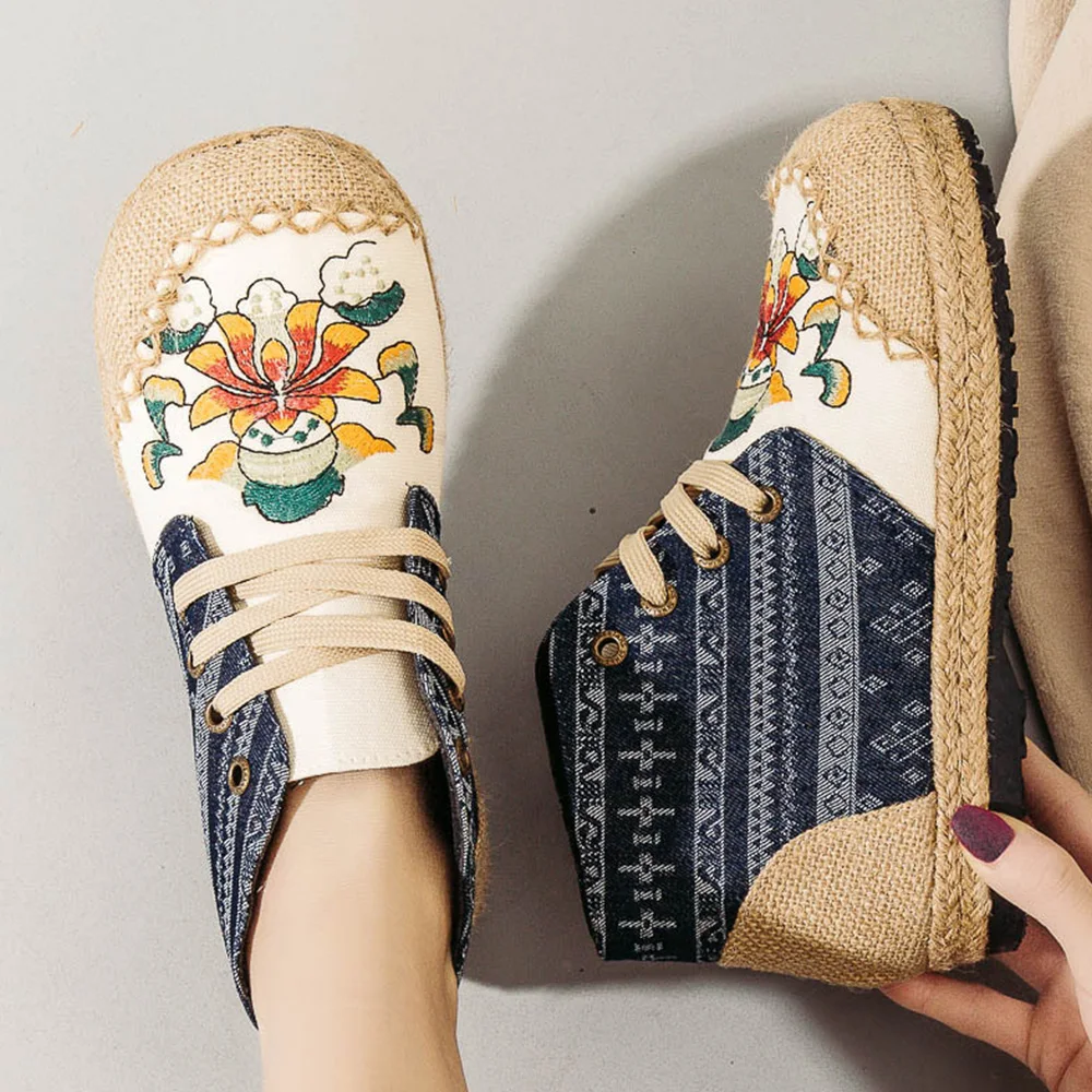 ZFTL Women Ethnic style embroidered shoes Flat heel linen embroidered women's shoes Spring mid-cut cloth shoes Female Loafers