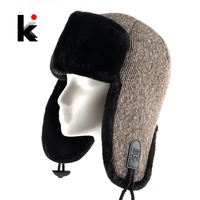 knitted bomber hat for men winter faux fur earflap beanies outdoor warm double layer snow hats high quality mens thick gorras