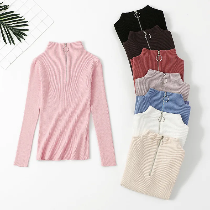 

Женский облегающий однотонный вязаный свитер, длинный рукав, 2019