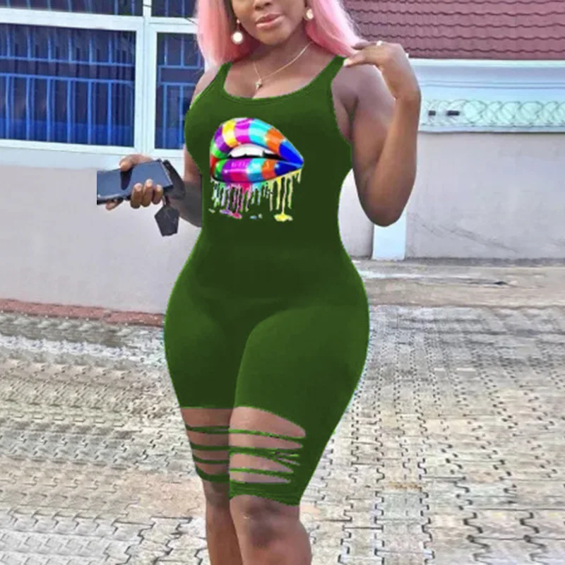 

2020 Ladies Summer Vogue Lips Printed Sleeveless Rompers Fashion Plus Size Slim Fit Soft One Piece Short Jumpsuit Overalls