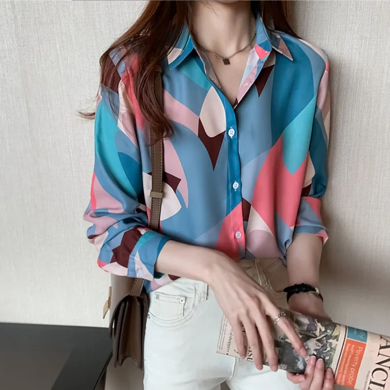 

Women Long Sleeve Chiffon Shirts New Arrival 2021 Autumn Korean Style Vintage Print Loose Office Lady Elegant Tops Shirt W712