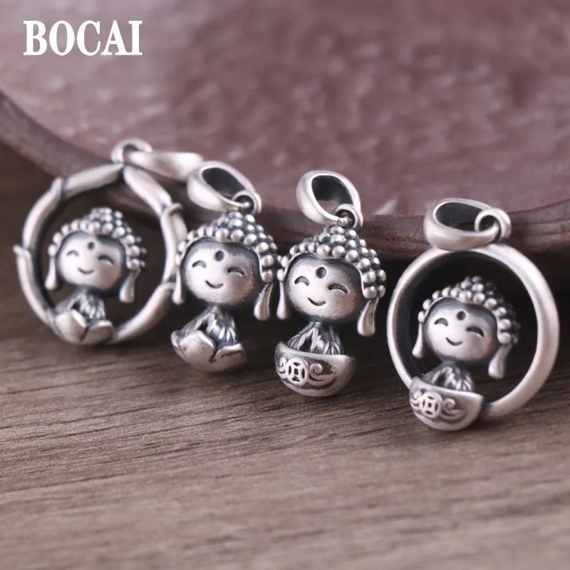 Новинка, 4 шт./компл., ювелирные изделия BOCAI из чистого серебра 100% пробы, S990, милые ретро-статуи Будды с матовым льтосом, Подвеска для женщин