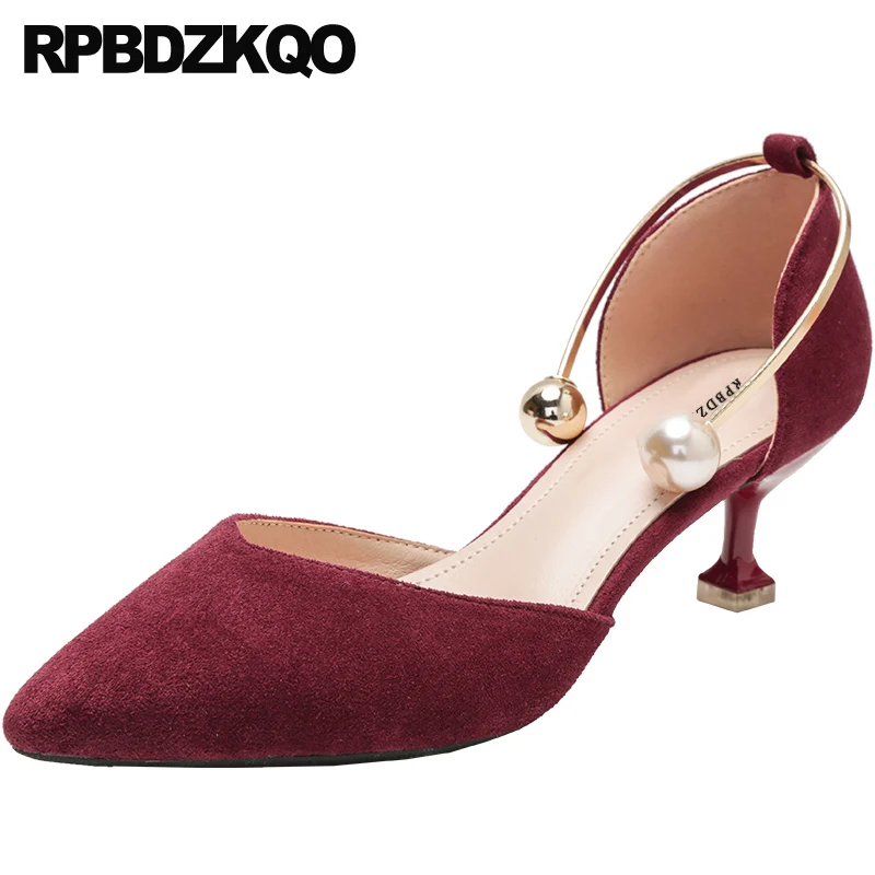 

Big Size Wine Red Pearl 2021 Chic Wedding Plus Medium Heels Women Suede Pointed Toe Thin High Shoes Pumps Kitten Stiletto Ladies