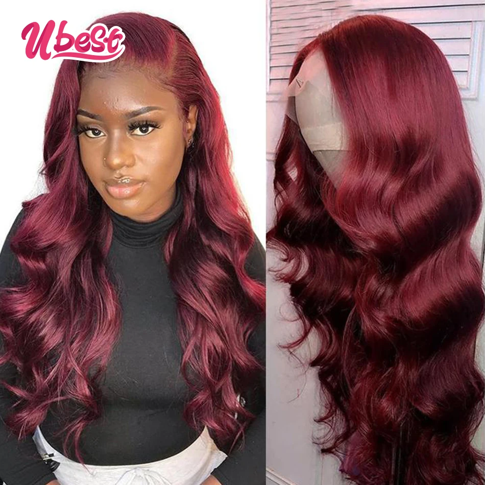 Ubest Dark Red Chocolate Brown Cheap Body Wave Human Hair Wigs Pre Plucked Malasian Virgin Lace Front Wig Transparent for Women