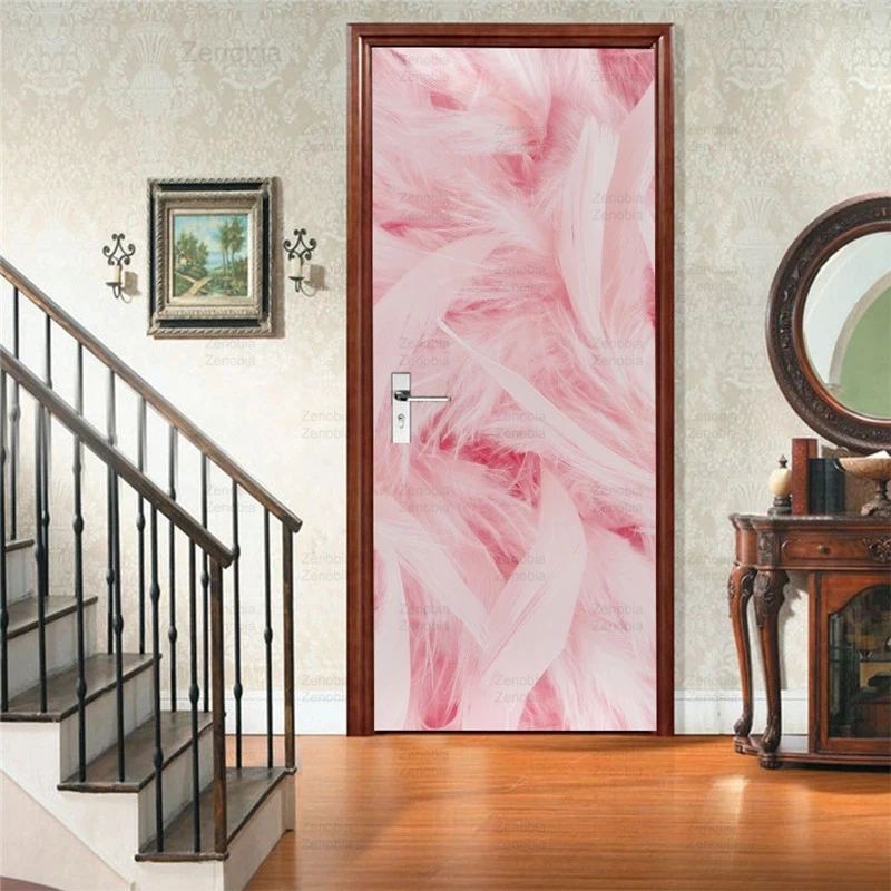 

С изображением розовых перьев двери наклейки для детской комнаты, для девочек обои самоклеящиеся Водонепроницаемый ПВХ росписи украшения ...