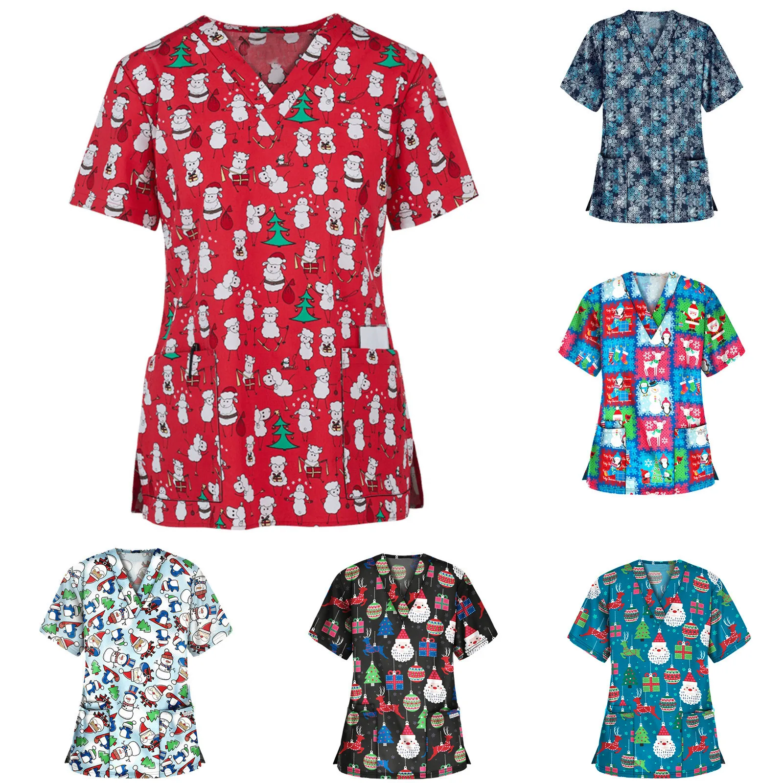 V-Neck Christmas Print Scrubs Tops Women Short Sleeve Uniforms Health Service Work Top Pet Grooming Beauty Salon Nurse Shirt A50