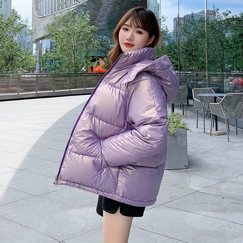 

Женская Стеганая куртка с капюшоном, фиолетовая Повседневная Толстая свободная короткая куртка с хлопковой подкладкой, зима 2021