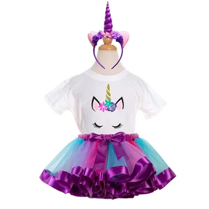 Girls  Unicorn Dress Children Cartoon Vestidos Kids Tutu Dresses Toddlers Summer Dress Short Sleeve 3sets Princess Dresses