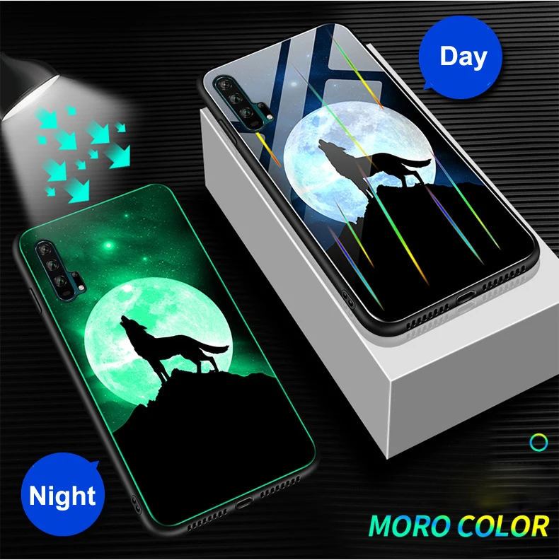 Wolf Для huawei P30 Pro P20 Lite Nova 5i 4e 3 3i Коврики 20 20X Honor 20 V20 9X чехол лазерный световой закаленное Стекло светящийся чехол с ночным мотивом - Цвет: Wolf