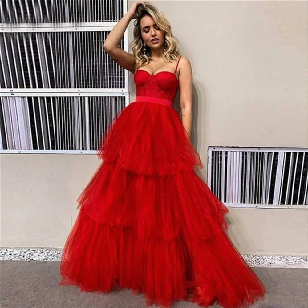 

Red Evening Dress Tiered Long Corset Gown Tiered Long A line Prom Dress Layers Formal Straps Sweetheart Boned Foraml Dresses