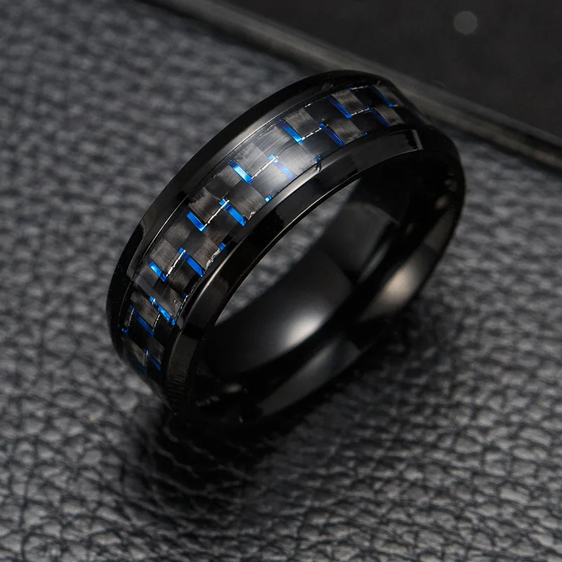 

8MM Trendy Men Ring Stainless Steel Black Carbon Fiber Hip Hop Style Fashion Male Exquisite Party Gift Jewelry