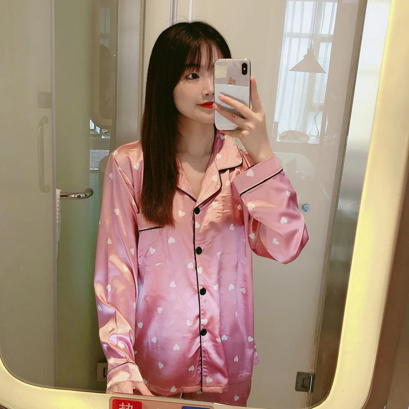 

Loose Silk Pajama Sets Women Cartoon Print Sleepwear 2 Pieces Long Sleeve Elastic Waist Pyjamas Femme Satin Pijamas Homewear
