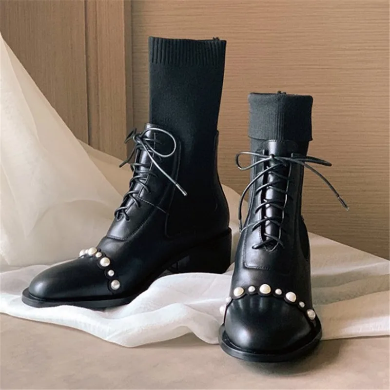 PXELENA/ботильоны с жемчужинами в стиле знаменитостей Женские вязаные