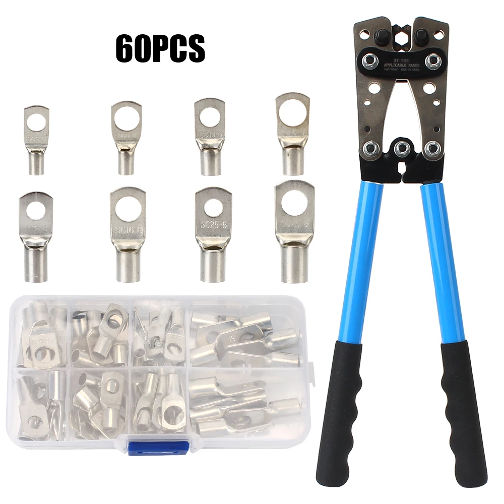 

HX-50B Crimping Pliers Soldered Connector Kit 60pcs Auto Copper Ring Terminals Battery Terminal Wire Crimp Connector
