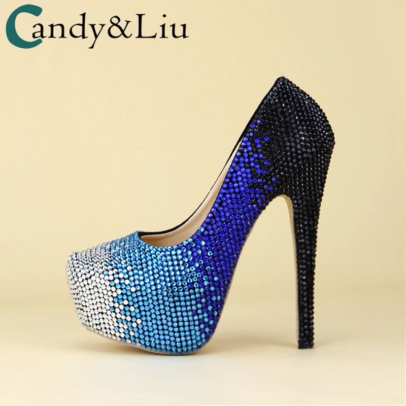 

High heeled crystal banquet Celebrity Black white blue waterproof platform Rhinestone Wedding Evening Dress Adult women's shoes