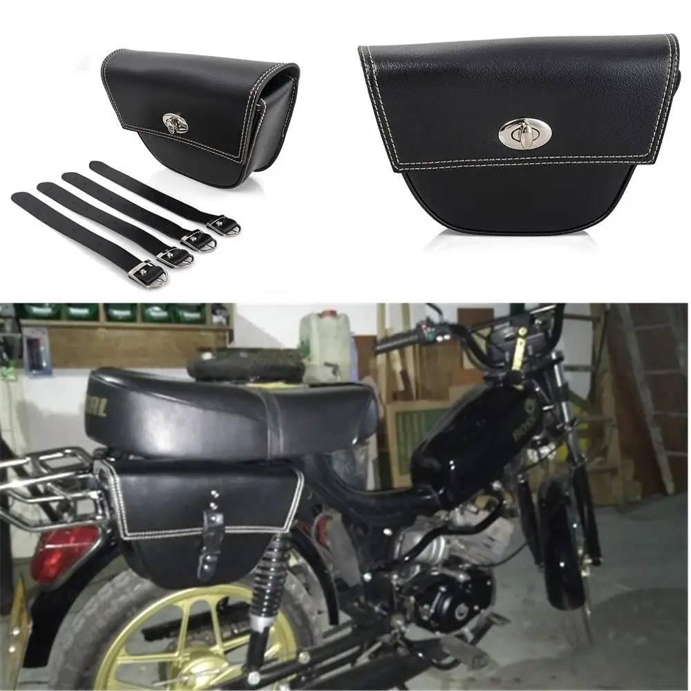 

For Harley Cafe Racer ATV Custom Universal Motorcycle Black PU Leather Saddle Bag Luggage Tool Side Bag Side Clinch Bolt Saddleb