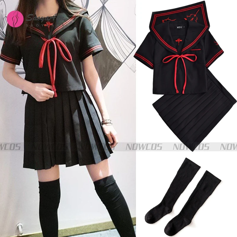 

Black Hot Schoolgirl Uniforms Dark Devil Embroidery Jk Sets Japanese School Uniform Cosplay Student Collage Sailor Suit Female