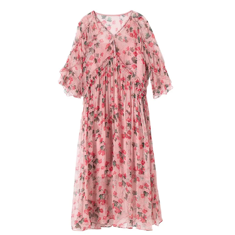 

Yg brand French women's summer new Ruffle fairy two piece floral elegant medium sleeve silk dress