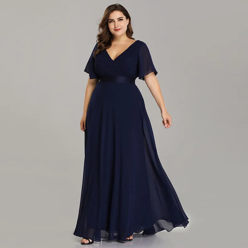 Navy Blue Платья для выпускного вечера размера плюс, элегантные платья трапециевидной формы с двойным v-образным вырезом и оборками, элегантные шифоновые вечерние платья для торжественных случаев - Цвет: Navy Blue