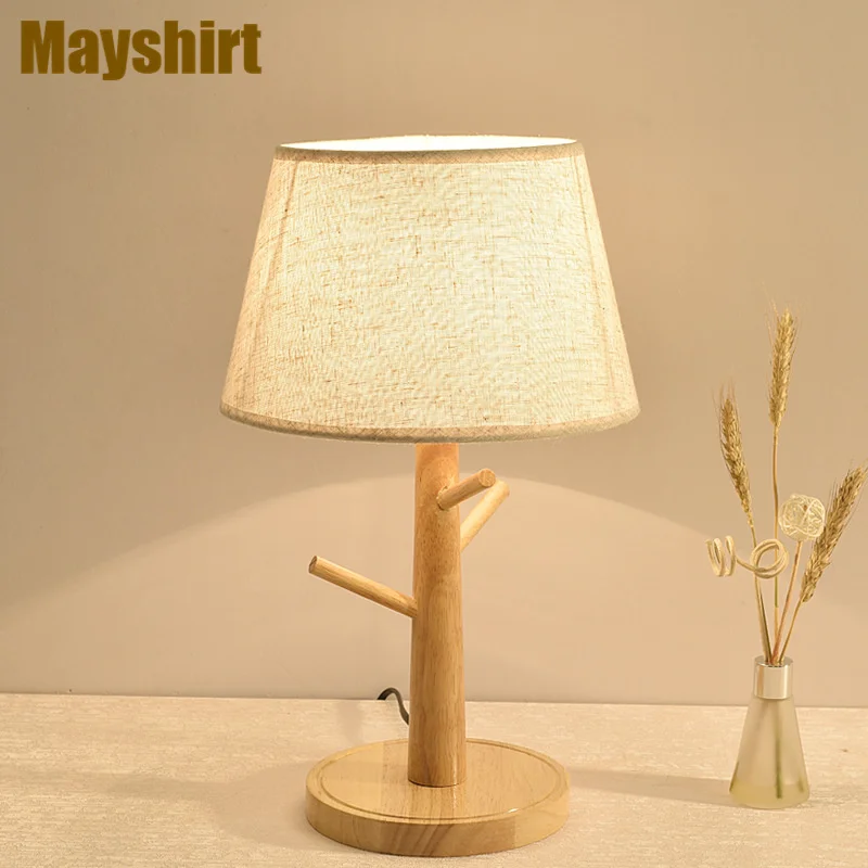 Modern Wood Tree Fabric Table Lamps for Living Room Bar Kitchen Bedroom Bedside Desk Lamp Home Decor LED Standing Light Fixtures