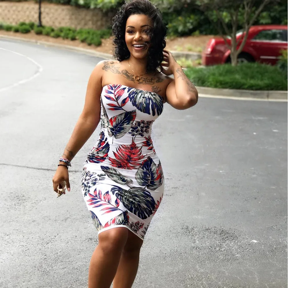 

Women Summer Sleeveless Dresss New Floral Printed Strapless Bodycon Party Cocktail Mini Dress Plus Size Wrap Chest Dresses S-3XL