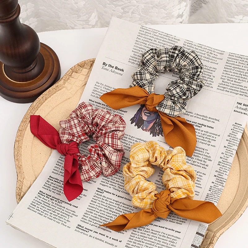 

Rabbit Ear Bow Knotted Elastic Hair Band French Style Plaid Pattern Scrunchies Retro Girls Hair Rope Ponytail Hair Accessories