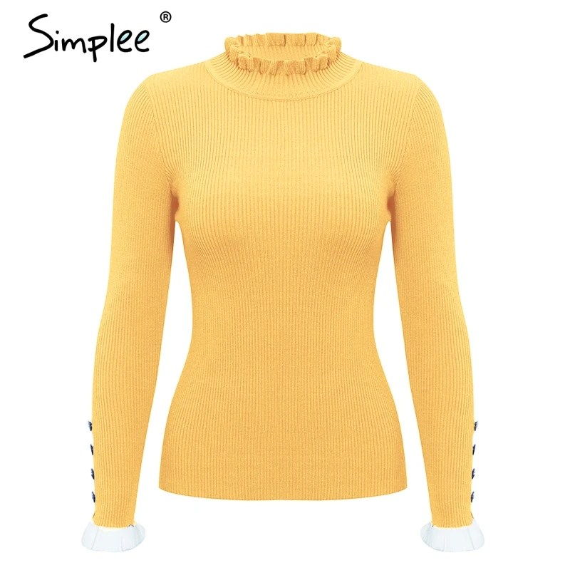 Женский вязаный свитер в полоску с оборками и Расклешенным рукавом на пуговице