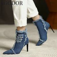 agodor stiletto ankle boots denim blue for women booties pointed toe thin high heel winter shoes sexy boots plush size 34 45