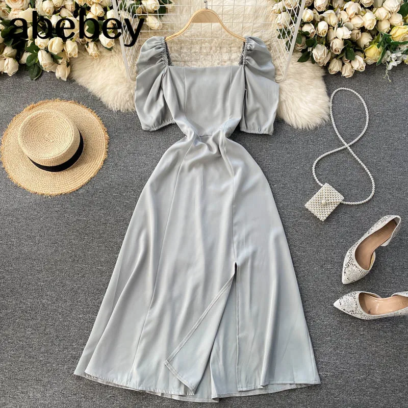 

Женский сарафан с квадратным вырезом, коротким пышным рукавом, обтягивающее летнее Плиссированное Платье-миди с Боковым Разрезом