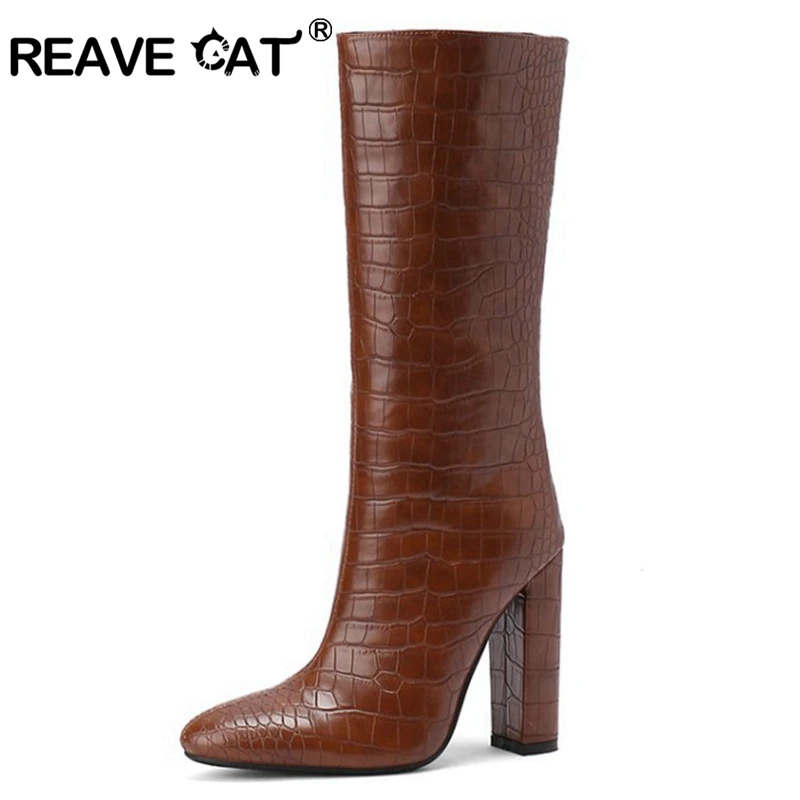 

Reave Cat Fashion Ladies Wide Leg Knee High Boots Pull On Pointed Toe Suede 11cm Block Heel Ladies Party Plus Size 34-43 S2468