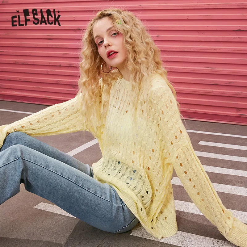 ELFSACK Multicolor Solid Minimalist Cut Out Casual Knit Pullover Sweater Women 2020 Spring Pure Long Sleeve Korean Ladies Top | Женская