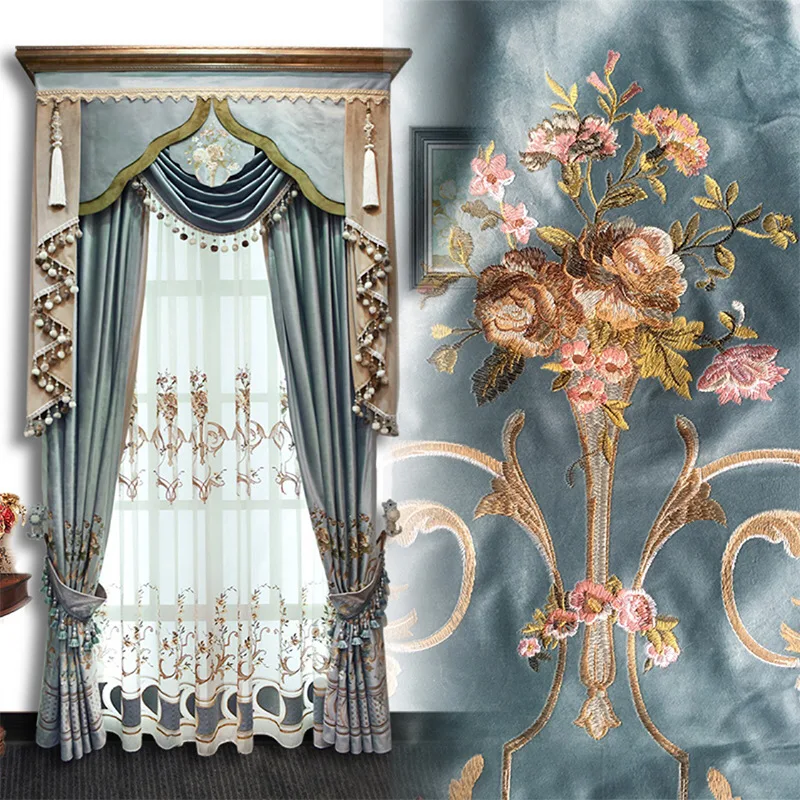 

European-style Pastoral Velvet Embroidered Curtains for Living Room and For Bedroom Blackout Curtain Fabric