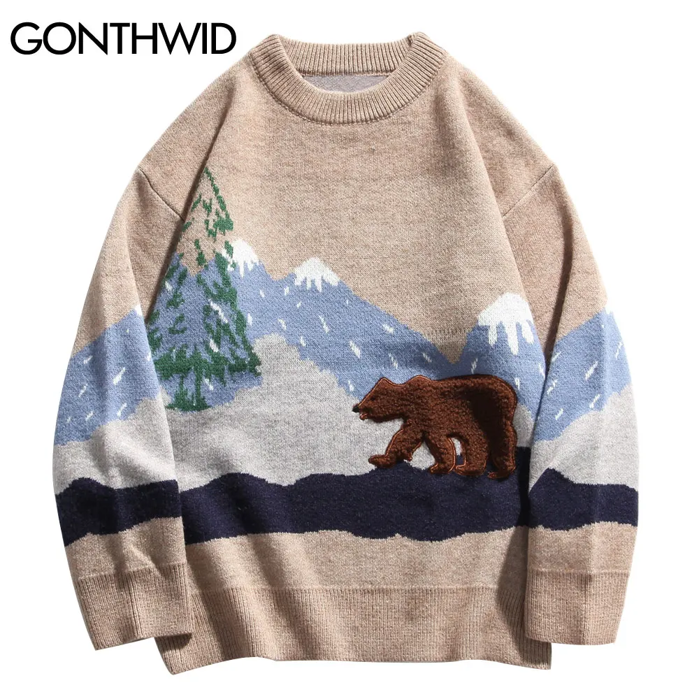 

GONTHWID Snow Mountain Bear Patchwork Knitted Jumper Sweaters Streetwear Mens Hip Hop Harajuku Casual Knitwear Fashion Knit Tops
