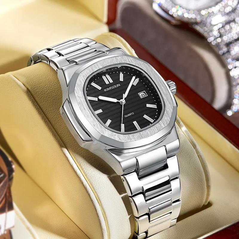 

Часы от бренда KIMSDUN, популярные мужские часы со стальным браслетом, светящиеся спортивные модные кварцевые мужские часы с календарем