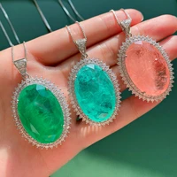 qtt big oval paraiba lab emerald tourmaline%c2%a0stone pendant necklace luxury silver color chain wedding jewelry for ladies