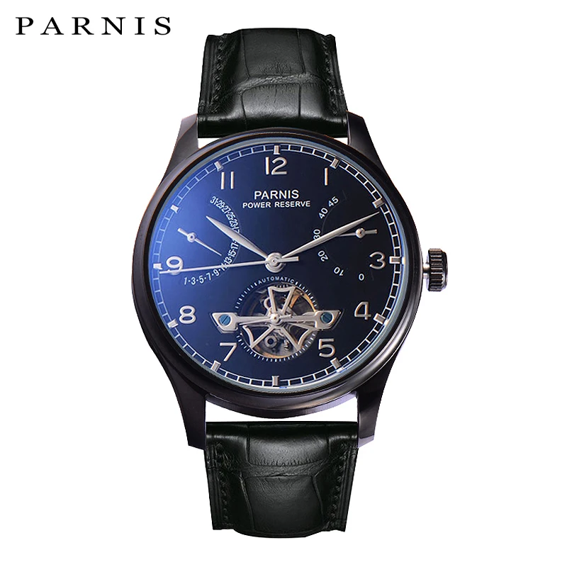 

Parnis 43mm Black Skeleton Dial Watch Automatic PVD Case Men Power Reserve Tourbillon Mechanical Calendar Watches reloj hombre