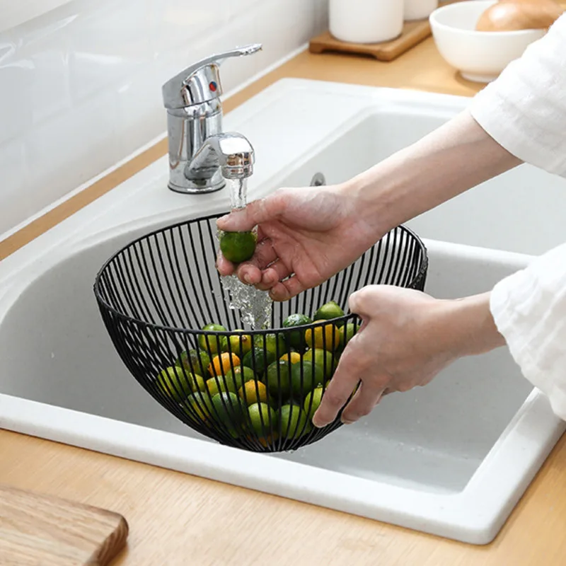 

Kitchen Basket Container Bowl Metal Wire Basket Kitchen Drain Rack Fruit Vegetable Storage Holder Snack Tray Table Storage Bowl