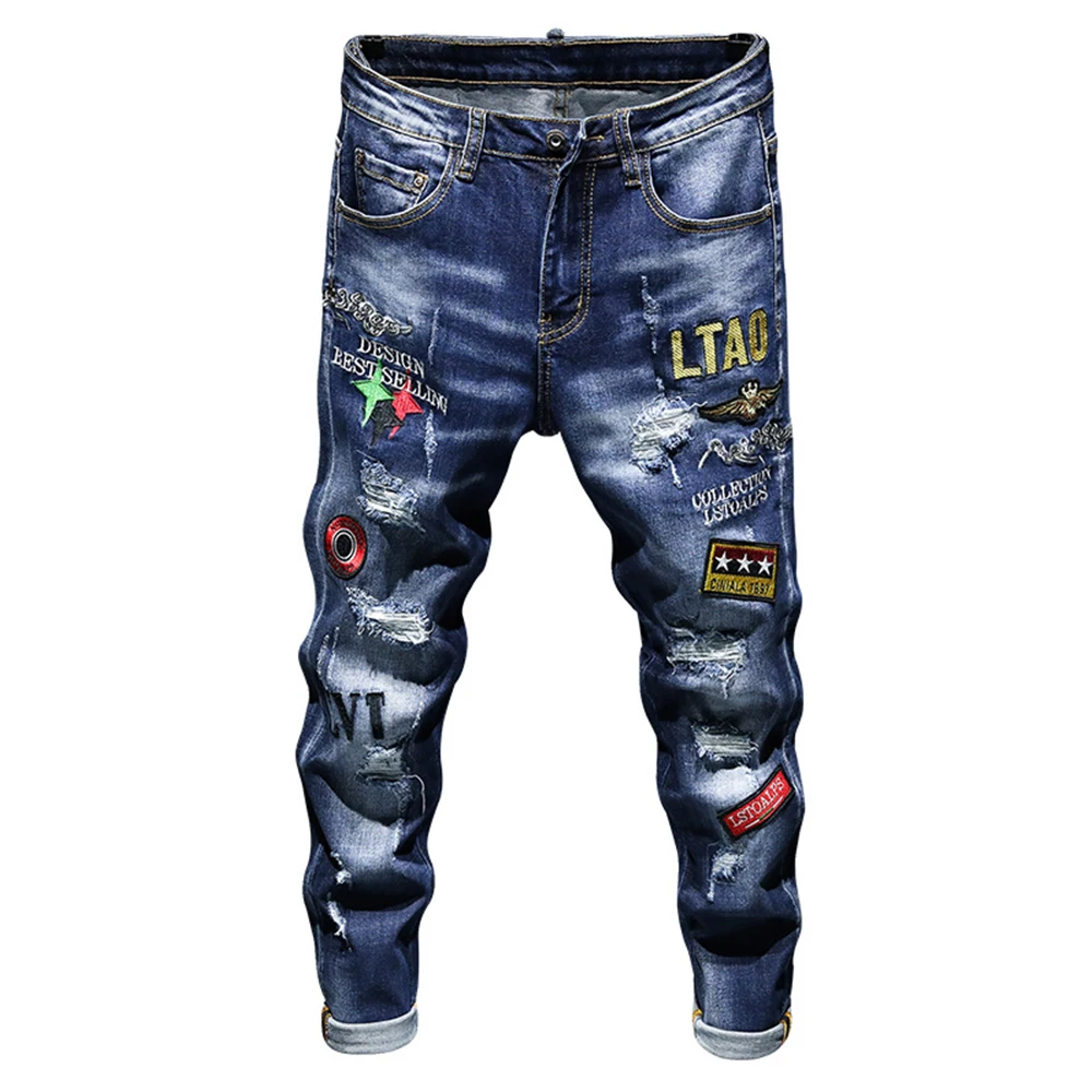 

Men's Badge Embroidery Ripped Denim Jeans Trendy Slim Fit Holes Pants Embroidered Trousers