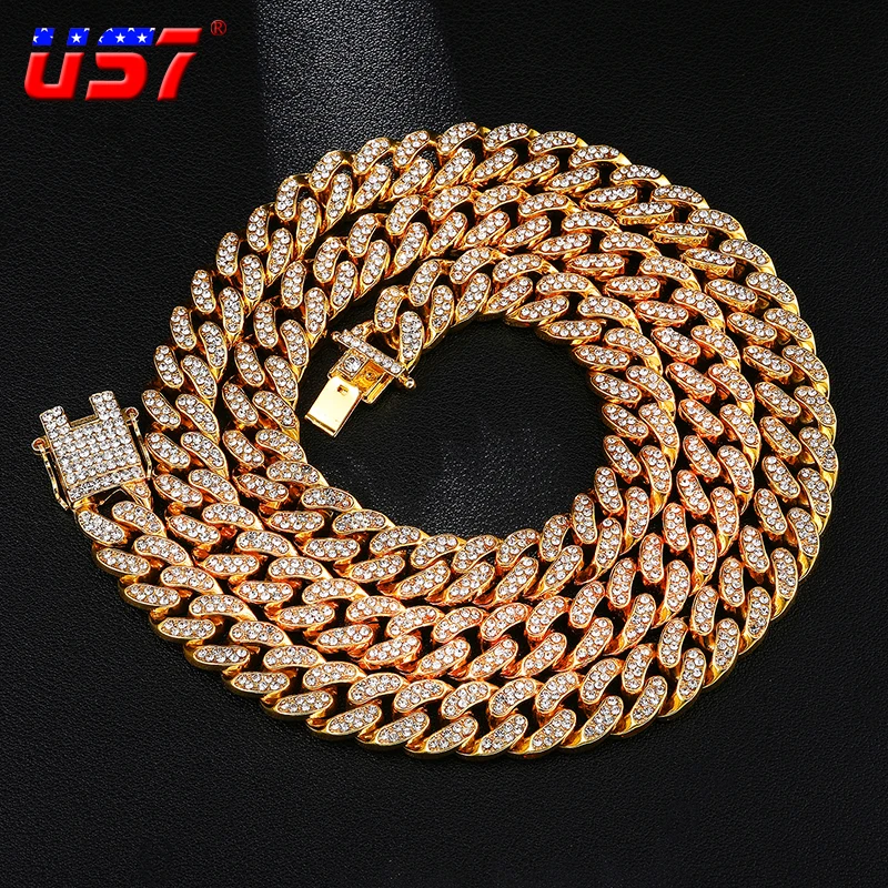 

US7 Hip-Hop 13mm Miami Cuban Link Chain Necklace Iced Out Rhinestones Necklace Bracelet on Hand For Men Gold-Plated Jewelry