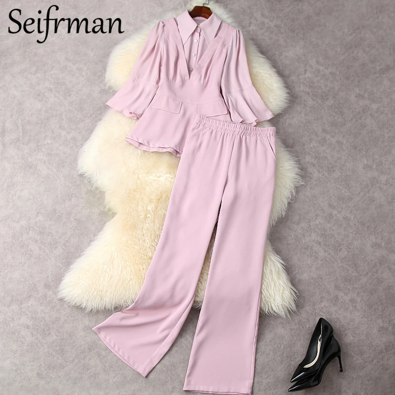 

Seifrmann New 2021 Summer Women Fashion Runway Pants Set Long Sleeve Slim Tops + High Waist Pockets Pink Pants 2 Two Pieces Suit