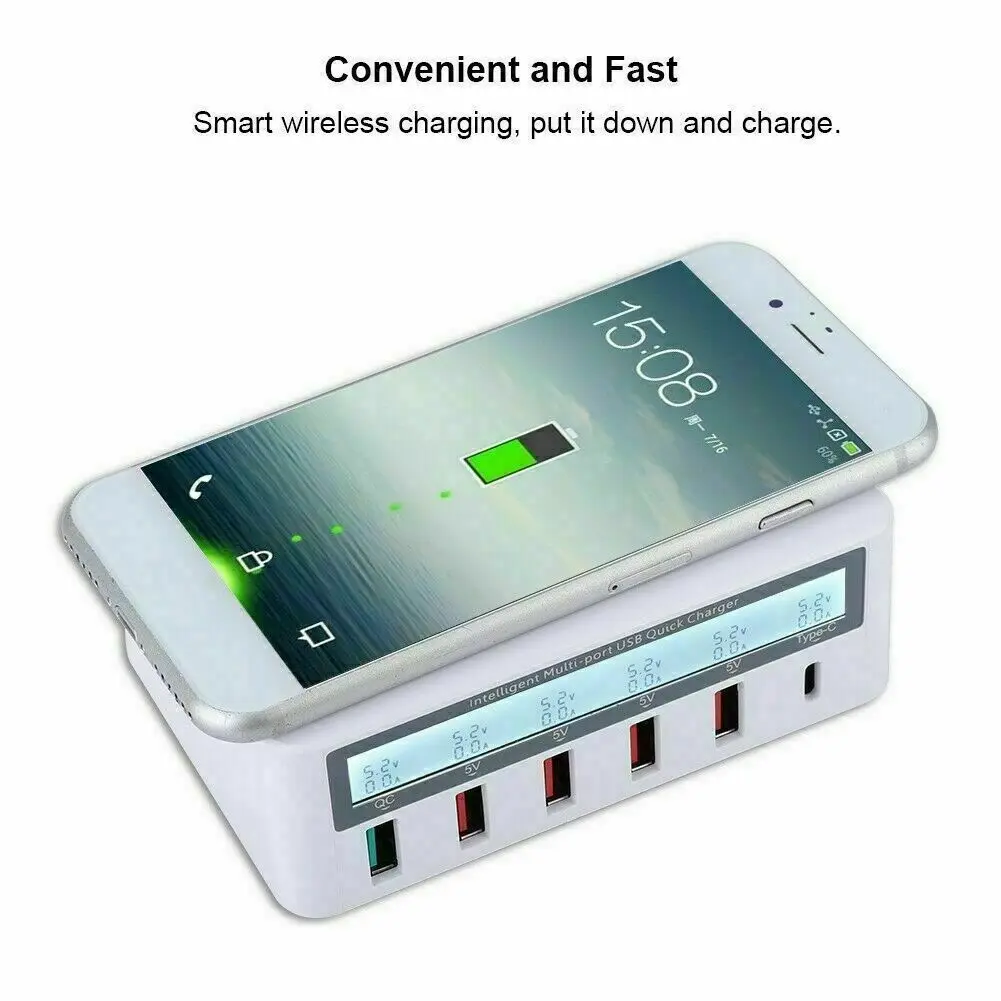 

6 Ports Multi-use QC 3.0 LCD USB Hub PD Type C Desktop QI Wireless Fast Charger