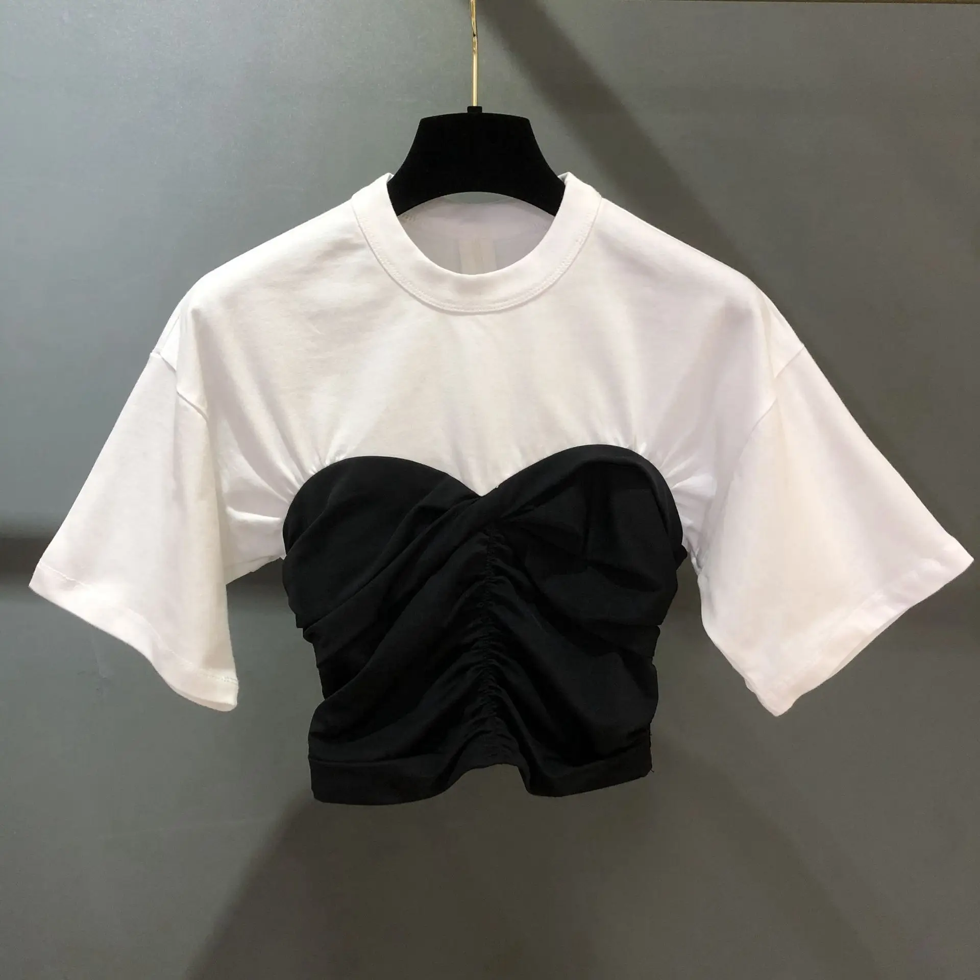 

Brand fashion women's high-end luxury summer vintage contrast color slim cotton short-sleeved T-shirt Tees Top