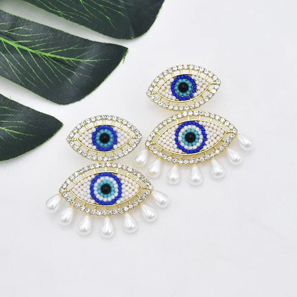 Korea Fashion Cute Crystal Pendant Eye Earrings For Women Bohemia Colorful Beads Riva Pearl tassel Drop Earrings Jewelry