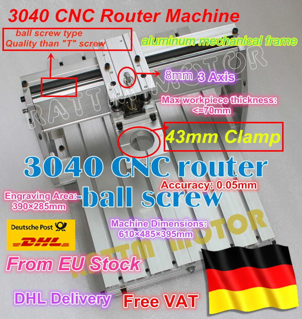 EU ship/ EU Free VAT 3040 CNC router milling machine mechanical kit Frame ballscrew with 43mm Neck Spindle Mount for KRESS motor